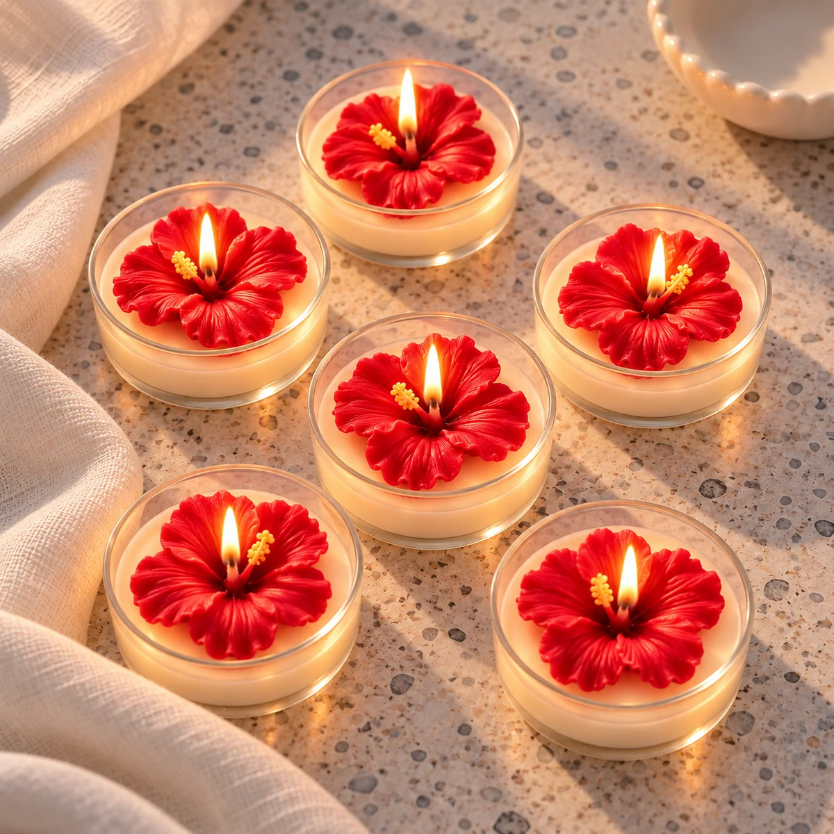 Hibiscus Flower Tealight Candles | Set of 6 | Festive Decorative Candles