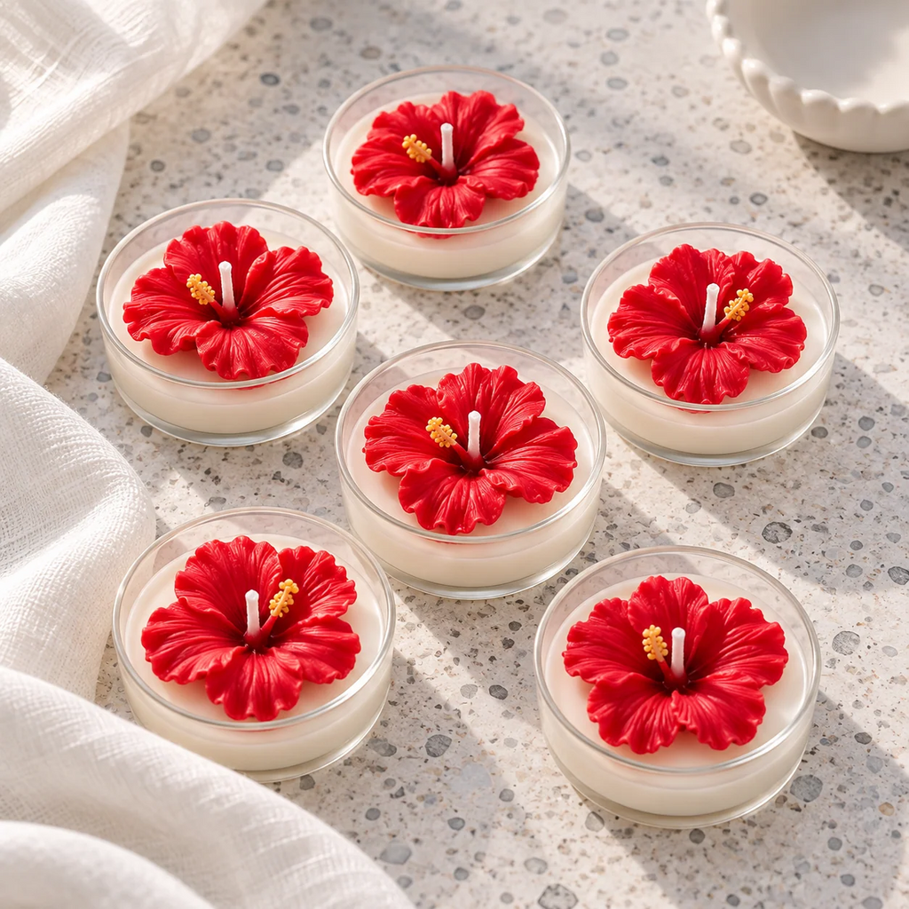 Hibiscus Flower Tealight Candles | Set of 6 | Festive Decorative Candles